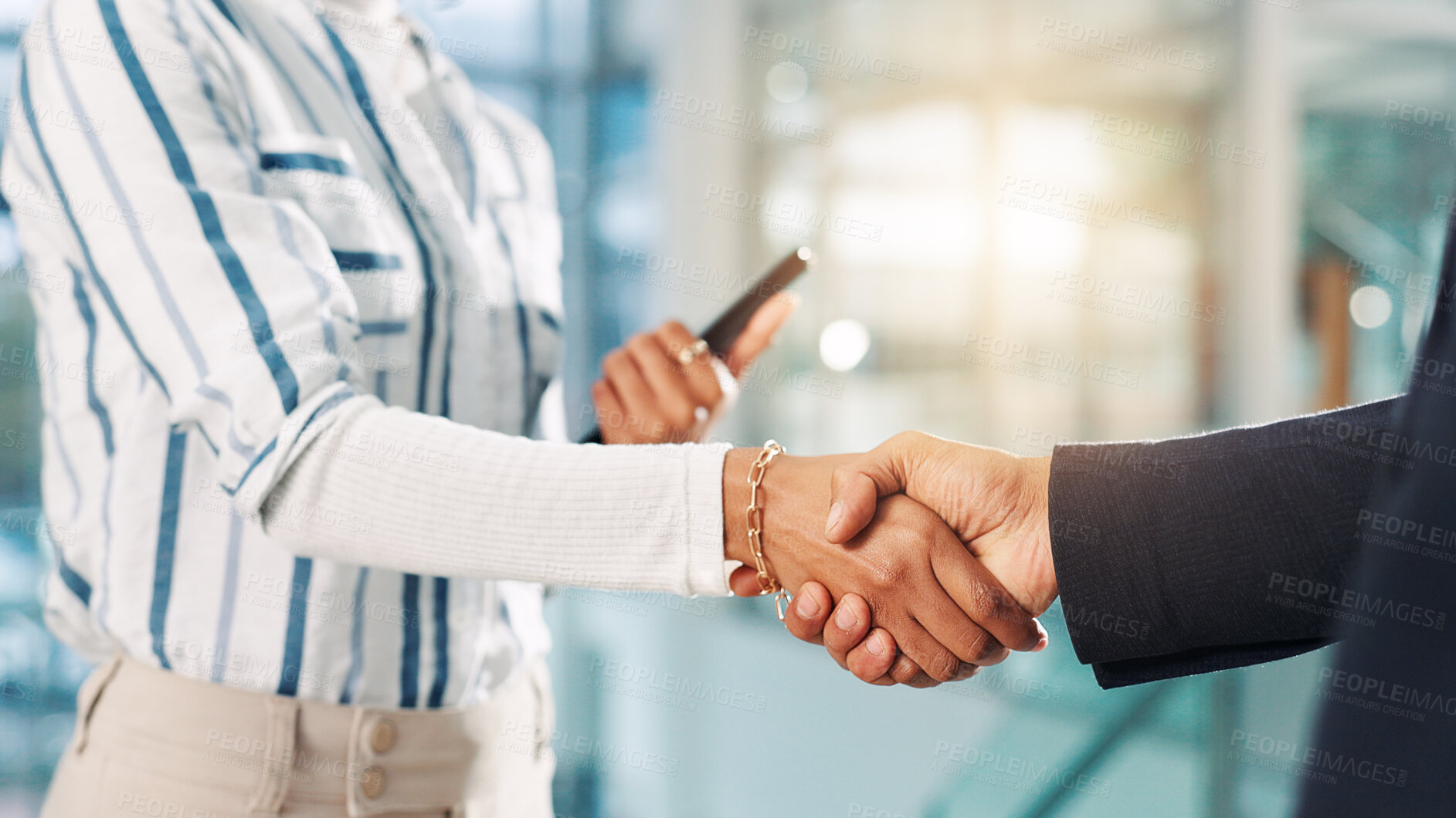 Buy stock photo Shaking hands, partnership and business people in office with deal, negotiation or contract. Collaboration, closeup and financial manager with client for agreement, welcome or thank you handshake.