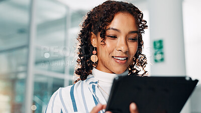 Buy stock photo Happy, business and woman on tablet in office for research, financial report and schedule update. Accountant, reading and digital for finance agenda, information and budget review of investment email