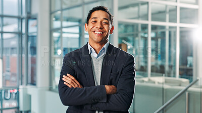 Buy stock photo Portrait, business and man with arms crossed, smile and confidence with accounting. Face, happy person and financial advisor in workplace, pride or career ambition for economy analyst or professional