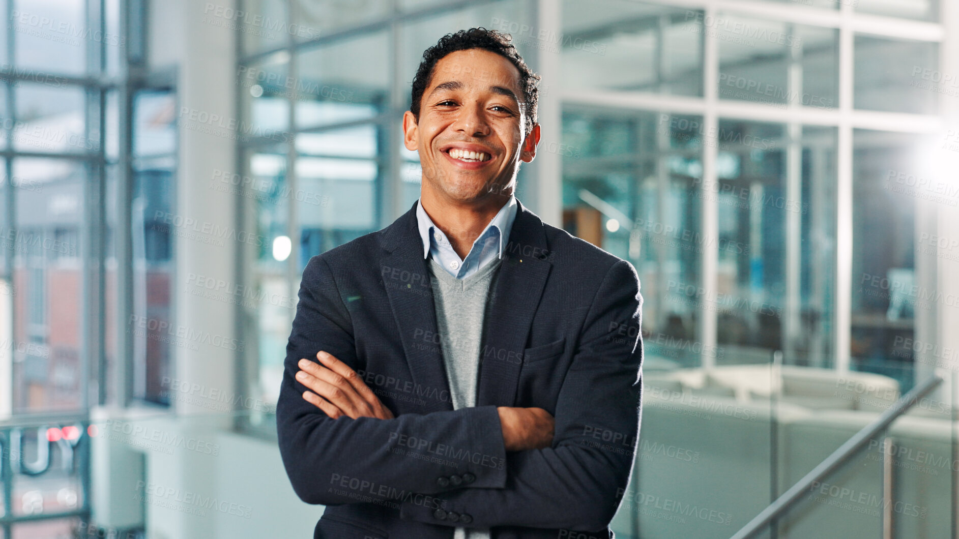 Buy stock photo Portrait, business and man with arms crossed, smile and confidence with accounting. Face, happy person and financial advisor in workplace, pride or career ambition for economy analyst or professional