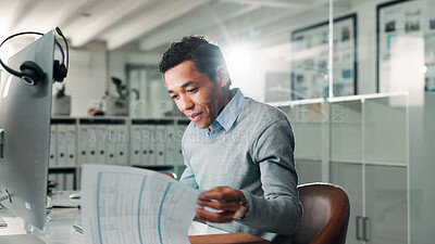 Buy stock photo Computer, document and man with admin in call center for help or online assistance. Consultant, paperwork and customer service with employee in office for feedback or support as virtual assistant