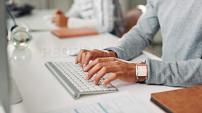 Buy stock photo Computer, hands and typing with business person at desk in office for administration or report. Keyboard, planning and research with employee at work for online development, feedback or review