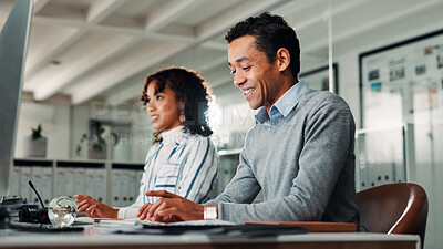 Buy stock photo Office, coworking and businessman with computer for research, auditing and typing for information. Employees, male person and accountant with digital for finance report, online review and tax website