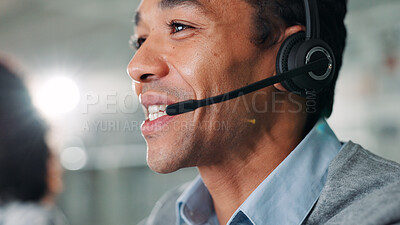 Buy stock photo Headset, man and customer service consultant in office for lead generation, crm or help desk consultation. Audio tech, call center and male technical support agent with online query in workplace.