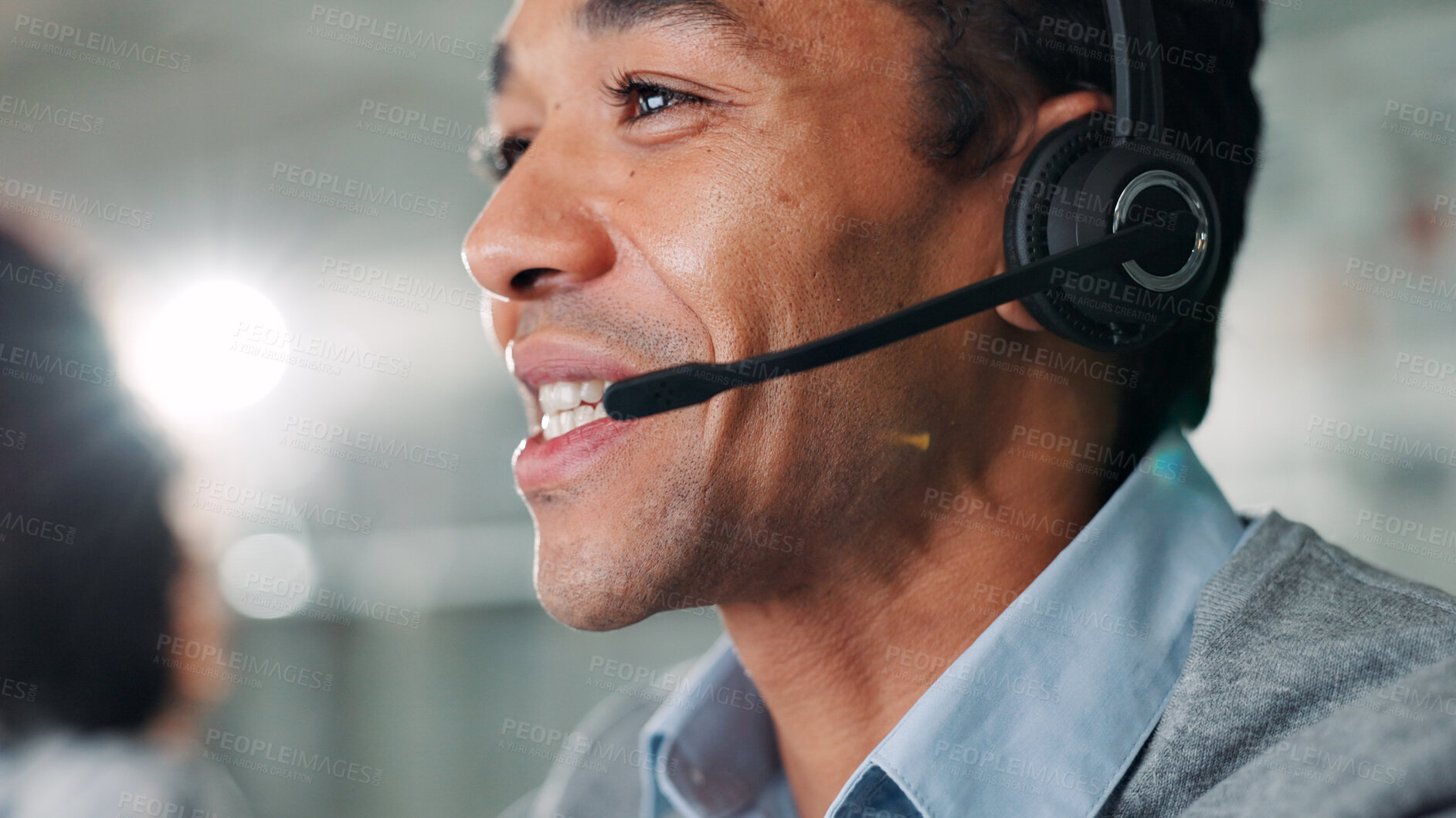 Buy stock photo Headset, man and customer service consultant in office for lead generation, crm or help desk consultation. Audio tech, call center and male technical support agent with online query in workplace.