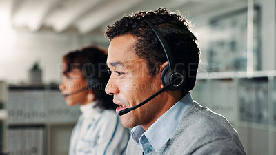 Buy stock photo Headset, man and call center agent in office for lead generation, crm or help desk consultation. Audio tech, customer service and male technical support consultant with online query in workplace.