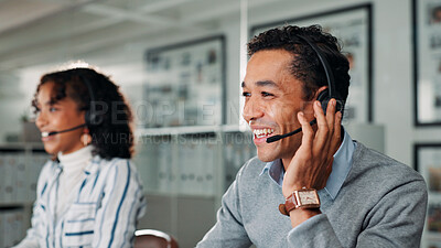 Buy stock photo Headset, people and call center consultants in office for lead generation, crm or help desk consultation. Audio tech, customer service and technical support agents with online query in workplace.