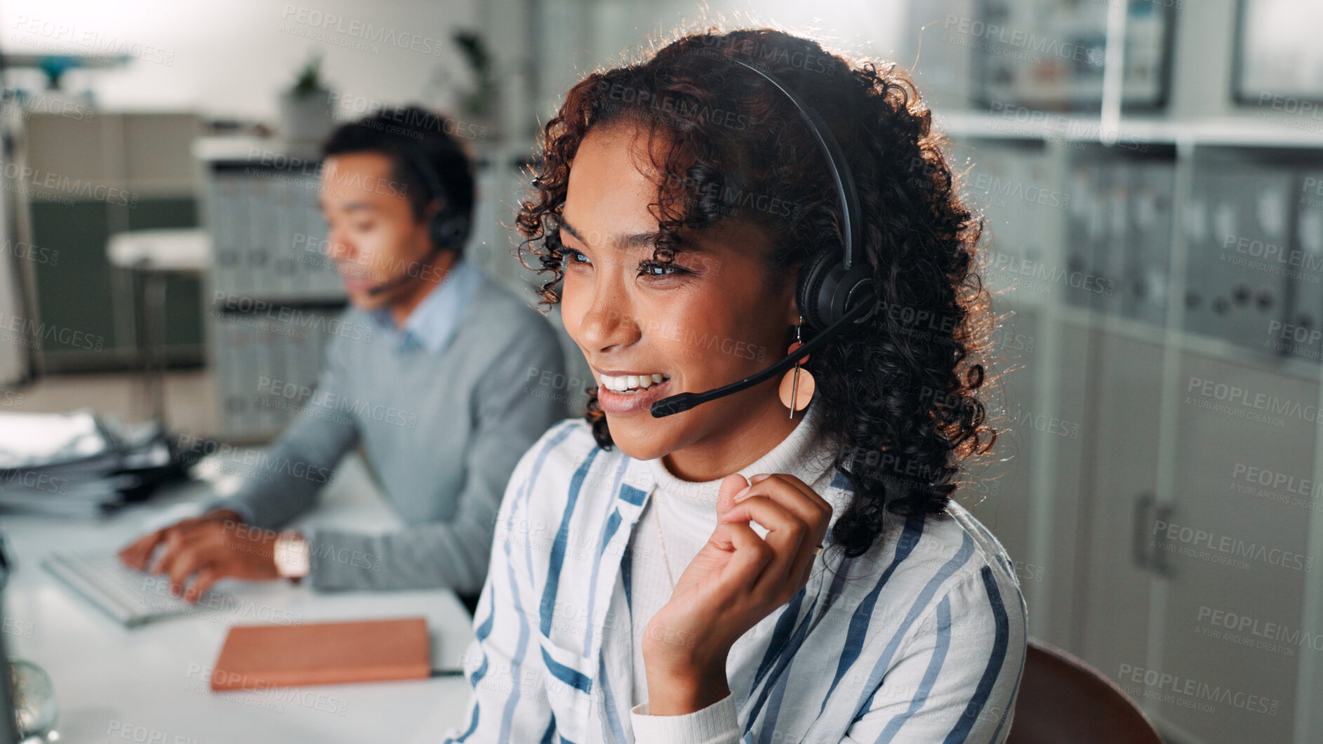 Buy stock photo Microphone, smile and call center with business woman for virtual consultation, help desk and crm. Customer support, online advisor and contact us with person in office for communication and agent