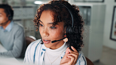 Buy stock photo Microphone, talking and call center with business woman for virtual consultant, help desk and crm. Customer support, online advisor and contact us with person in office for communication and agent