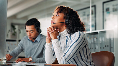 Buy stock photo Reading, computer and call center with business woman for virtual consultation, help desk and crm. Customer support, online advisor and contact us with person in office for communication and agent