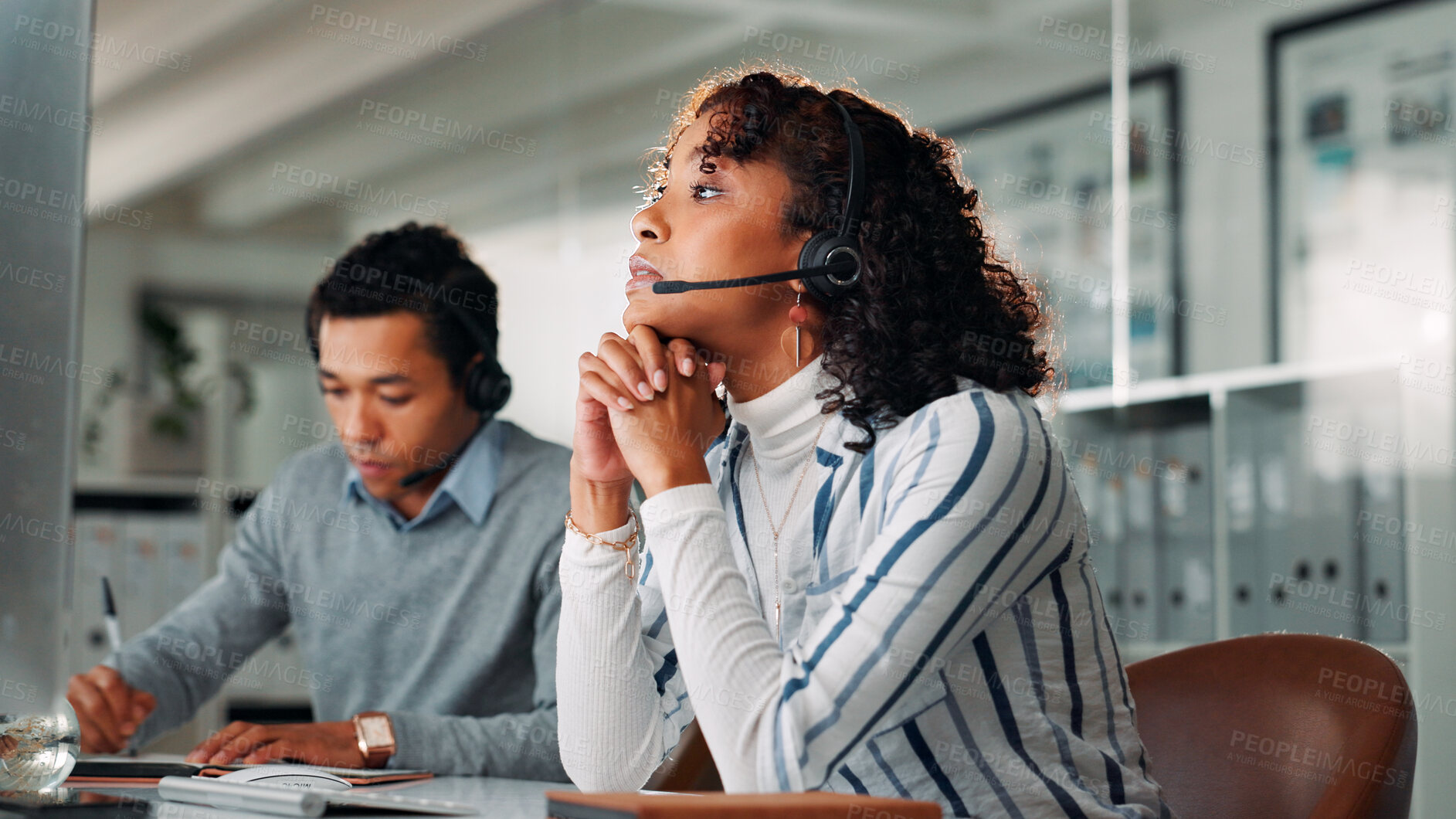 Buy stock photo Reading, computer and call center with business woman for virtual consultation, help desk and crm. Customer support, online advisor and contact us with person in office for communication and agent