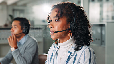 Buy stock photo Microphone, agent and call center with business woman for virtual consultant, help desk and crm. Customer support, online advisor and contact us with person in office for communication and talking