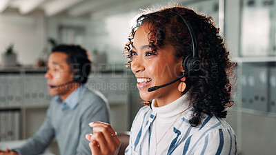 Buy stock photo Microphone, happy and call center with business woman for virtual consultant, help desk and crm. Customer support, online advisor and contact us with person in office for communication and agent