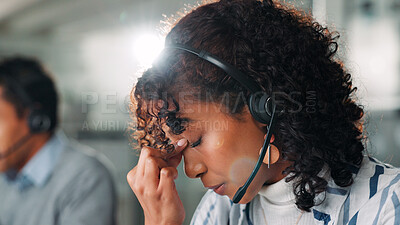 Buy stock photo Woman, breathe and headset with headache at call centre for contact us, consulting and wrong advice. Agent, coworking and work stress with migraine for customer service, technical issue and brain fog