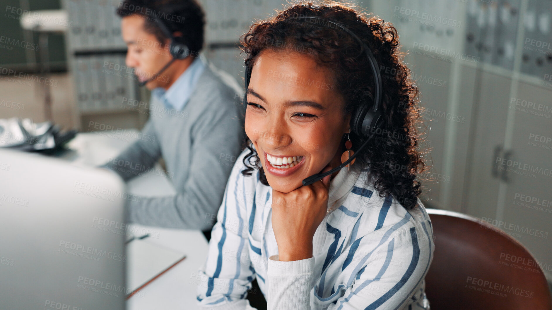 Buy stock photo Computer, contact us and support with woman in call center for assistance, feedback or online help. Coworking, headset and smile with virtual assistant at desk in office for customer service