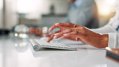 Buy stock photo Computer, hands and keyboard with business person at desk in office for administration or report. Planning, research and typing with employee at work for online development, feedback or review