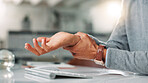 Business person, hands and wrist pain in office with carpal tunnel syndrome with joint injury. Closeup, strain and employee with inflammation, massage and ache for osteoporosis or muscle tension