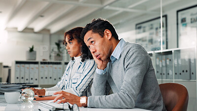 Buy stock photo Business people, coworking and tired in call center for help, online assistance and low energy. Fatigue, bored and customer service employee in office for feedback or support as virtual assistant