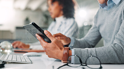 Buy stock photo Hands, business and person on tablet in office for research, financial report and schedule update. Accountant, digital and coworking for finance agenda, information and email feedback for investment