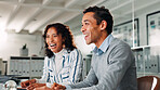 Business people, coworking and smile in office for success, online assistance and celebration. Man, woman and customer service employee happy for feedback bonus or promotion as virtual assistant