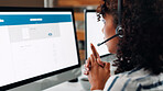 Computer, screen and woman with headset in call center for help or online assistance. Communication, contact us and customer service with employee for feedback or support as office virtual assistant