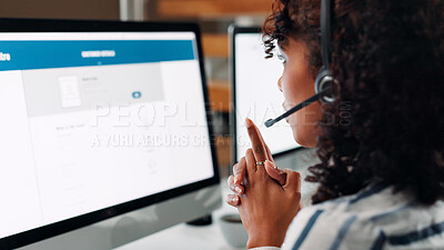 Buy stock photo Computer, screen and woman with headset in call center for help or online assistance. Communication, contact us and customer service with employee for feedback or support as office virtual assistant