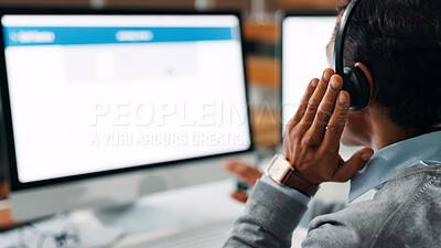 Buy stock photo Computer, screen and man with headset in call center for help or online assistance. Communication, contact us and customer service with employee for feedback or support as office virtual assistant