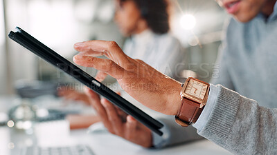 Buy stock photo Hands, business and man scroll on tablet for research, financial report and schedule update. Accountant, digital and coworking for finance agenda, information and feedback for investment in office