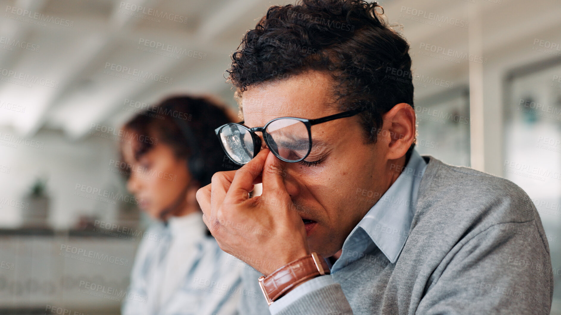 Buy stock photo Migraine, man and frustrated with customer support, help desk and communication for online consultant. Contact us, eye strain and headache with technical issue, virtual advice or agent for hotline