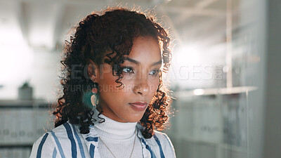 Buy stock photo Research, online and businesswoman in office for creative project deadline for publishing. Technology, computer and professional female magazine editor reading information for article in workplace.