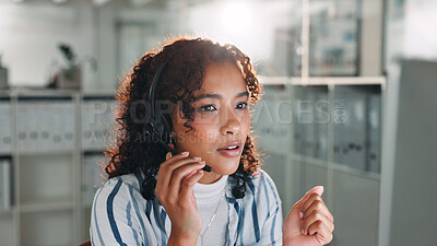 Buy stock photo Computer, thinking and woman with headset in call center for help or online assistance. Communication, contact us or customer service with employee for feedback or support as office virtual assistant
