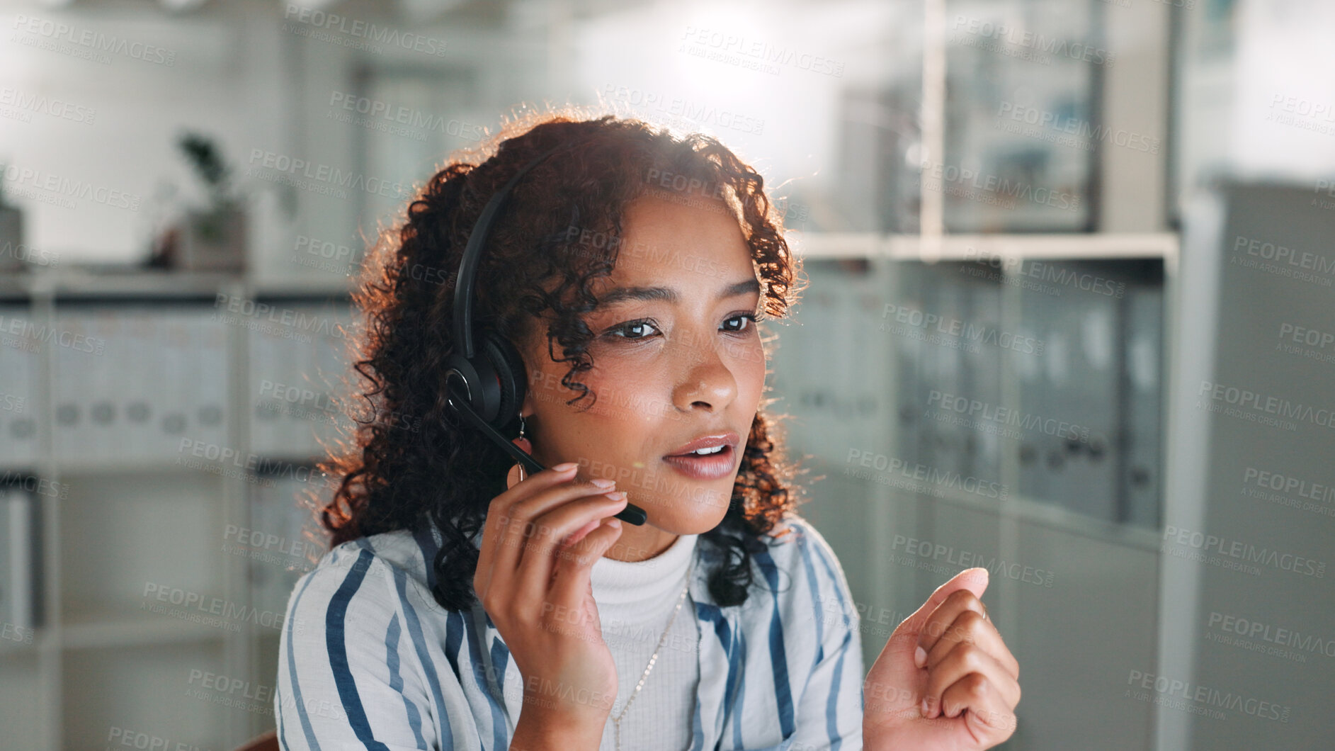 Buy stock photo Computer, thinking and woman with headset in call center for help or online assistance. Communication, contact us or customer service with employee for feedback or support as office virtual assistant