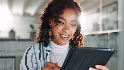 Buy stock photo Business, woman and smile with tablet in office for research, financial report and schedule update. Accountant, digital and website for finance agenda, information and reading feedback for investment