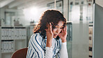 Business, woman and computer with headache in office for work pressure, finance mistake and burnout. Female person, migraine and stress with pc of payroll deadline, funding report error and brain fog