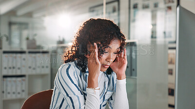 Buy stock photo Business, woman and computer with headache in office for work pressure, finance mistake and burnout. Female person, migraine and stress with pc of payroll deadline, funding report error and brain fog