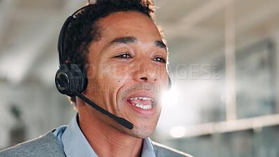 Buy stock photo Consultant, thinking and man with headset in call center for help or online assistance. Communication, contact us or customer service with employee for feedback or support as office virtual assistant