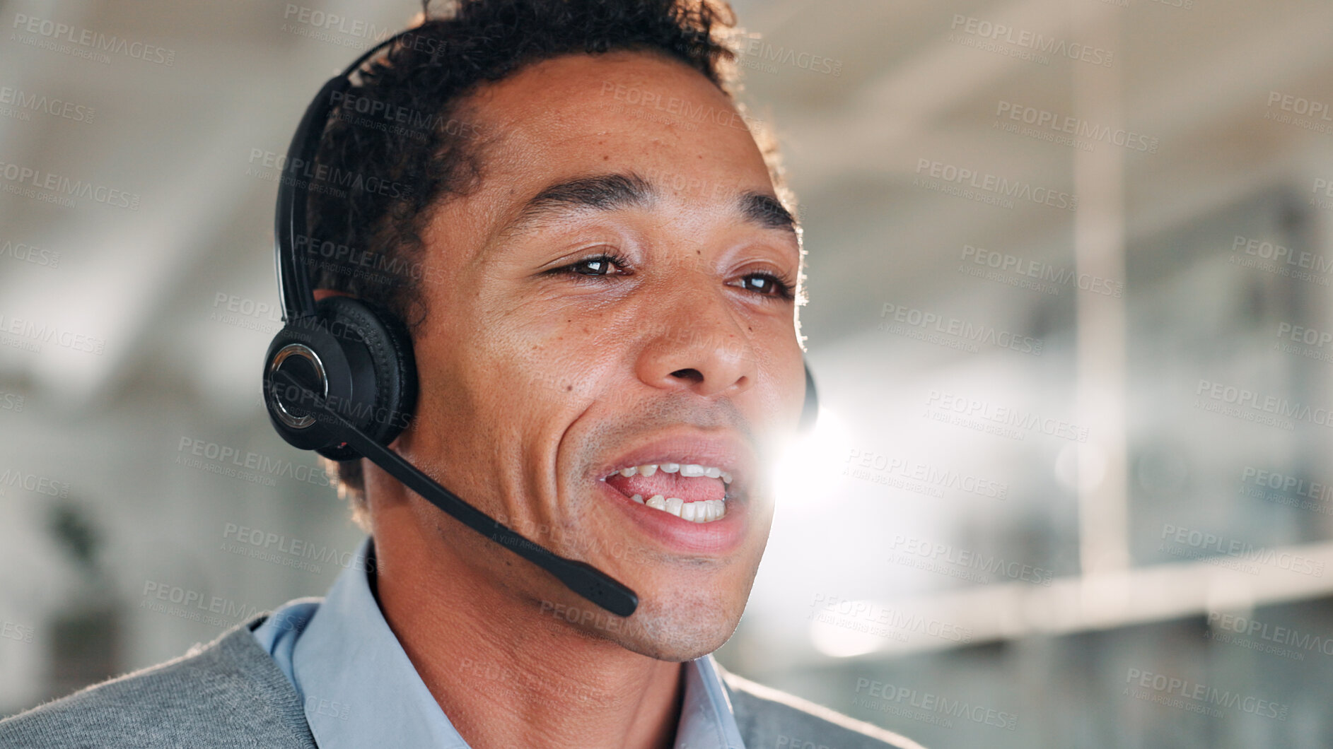 Buy stock photo Consultant, thinking and man with headset in call center for help or online assistance. Communication, contact us or customer service with employee for feedback or support as office virtual assistant