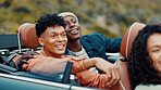 Drive, road trip and thinking with happy friends in car together for holiday, travel or vacation. Freedom, smile and vision with group of people riding in convertible vehicle for weekend getaway