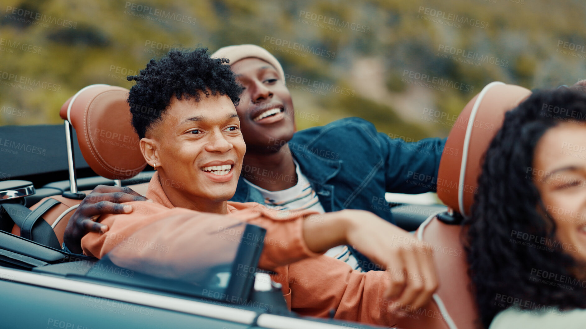Buy stock photo Drive, road trip and thinking with happy friends in car together for holiday, travel or vacation. Freedom, smile and vision with group of people riding in convertible vehicle for weekend getaway