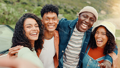 Buy stock photo Journey, selfie and people with friends, funny and smile with reunion, profile picture and break. Silly, outdoor and group with vacation, expression and road trip with photography or bonding together