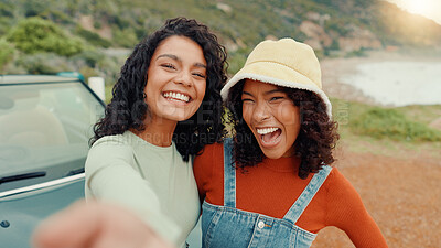 Buy stock photo Travel, selfie and women with friends, funny and smile with reunion, profile picture and journey. Silly, outdoor and girls with holiday, expression and road trip with photography, excited and memory