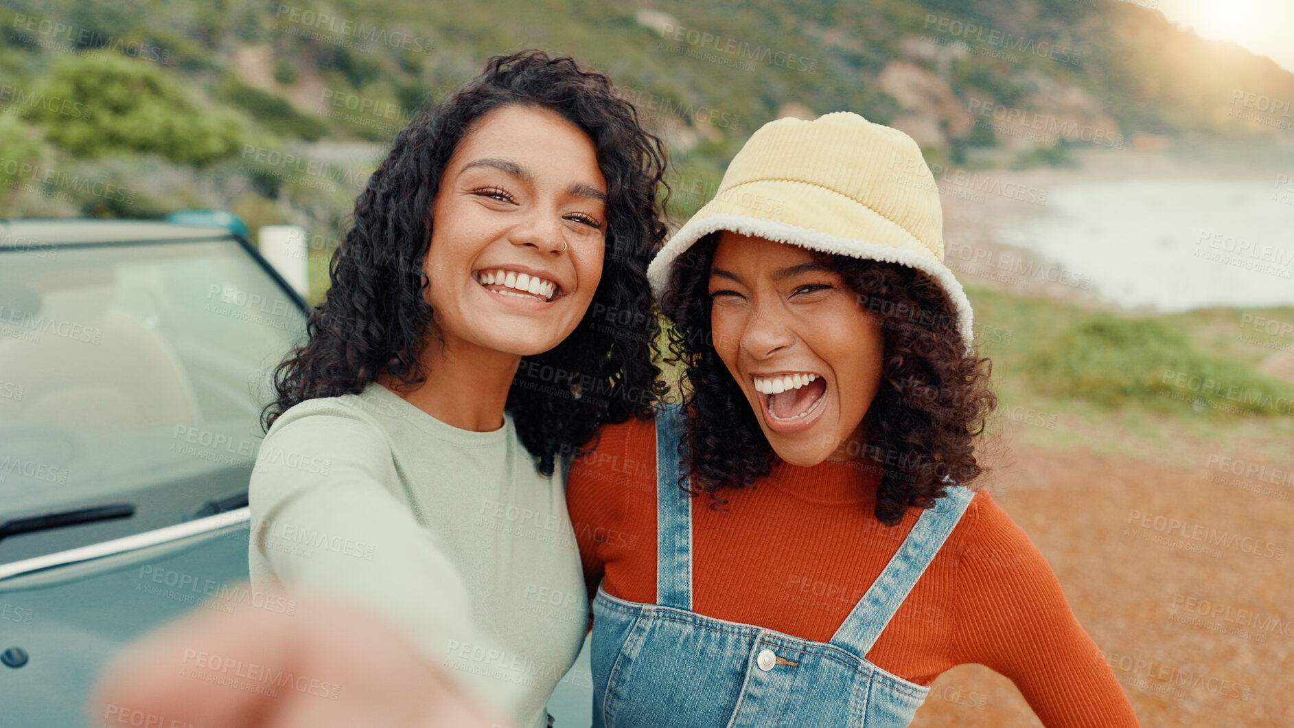 Buy stock photo Travel, selfie and women with friends, funny and smile with reunion, profile picture and journey. Silly, outdoor and girls with holiday, expression and road trip with photography, excited and memory