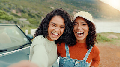 Buy stock photo Smile, selfie and women with friends, funny and memory with reunion, profile picture and journey. Silly, outdoor or girls with holiday, expression or travel with photography, bonding together or Bali