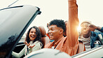 Celebration, drive and road trip with happy friends in car together for holiday, travel or vacation. Arm raised, energy and success with group of people riding in convertible vehicle for getaway
