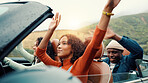 Arms up, dance and road trip with happy friends in car together for holiday, travel or vacation. Drive, energy and music with group of people riding in convertible vehicle for weekend getaway