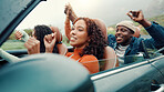 Dance, drive and road trip with happy friends in car together for holiday, travel or vacation. Energy, freedom and music with group of people riding in convertible vehicle for weekend getaway