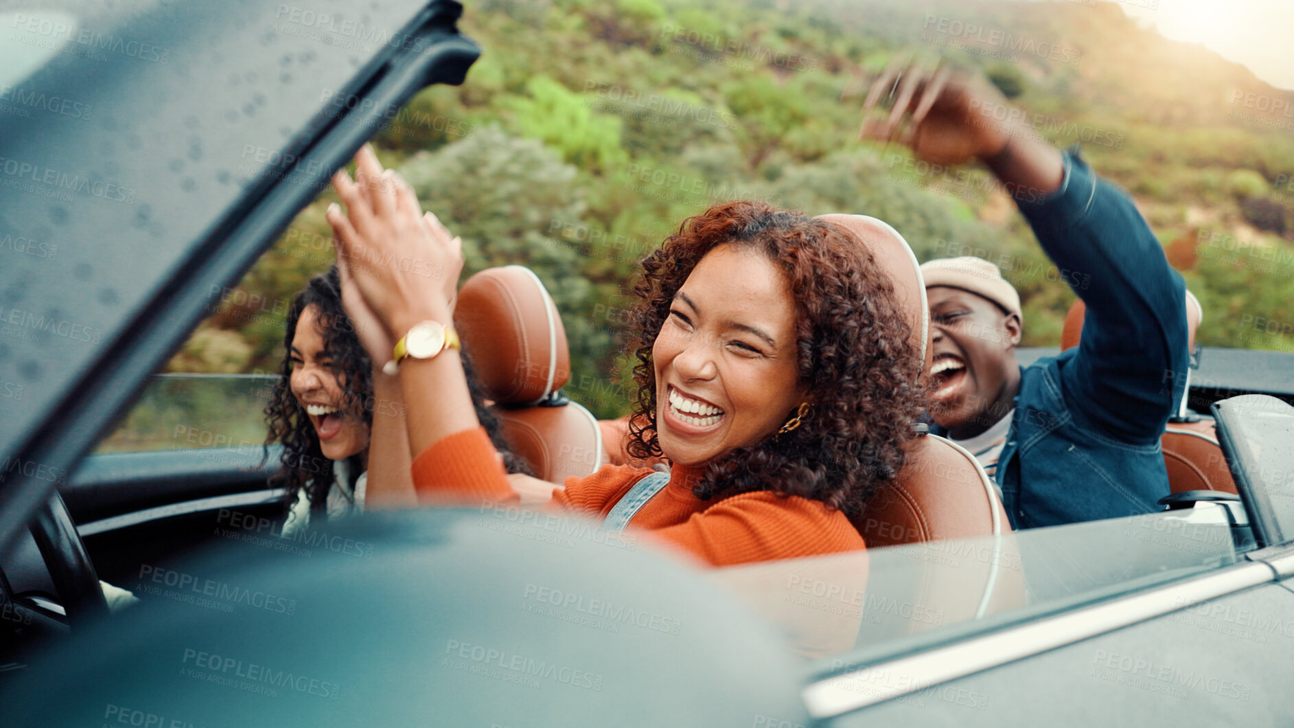 Buy stock photo Clapping, dance and road trip with happy friends in car together for holiday, travel or vacation. Drive, music and smile with group of people riding in convertible vehicle for weekend getaway