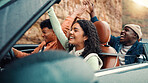 Drive, energy and road trip with happy friends in car together for holiday, travel or vacation. Dance, eExcited and freedom with group of people riding in convertible vehicle for weekend getaway