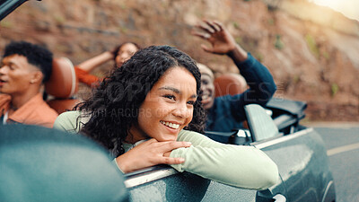 Buy stock photo Drive, road trip and thinking with happy friends in car together for holiday, travel or vacation. Freedom, smile and vision with group of people riding in convertible vehicle for weekend getaway