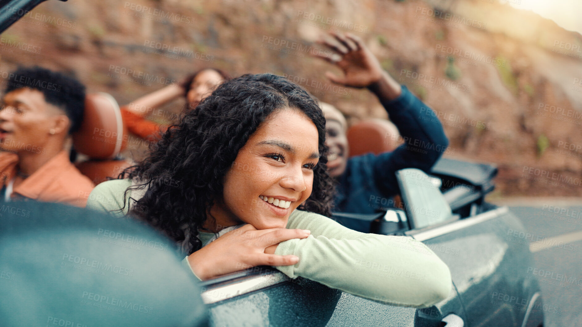 Buy stock photo Drive, road trip and thinking with happy friends in car together for holiday, travel or vacation. Freedom, smile and vision with group of people riding in convertible vehicle for weekend getaway